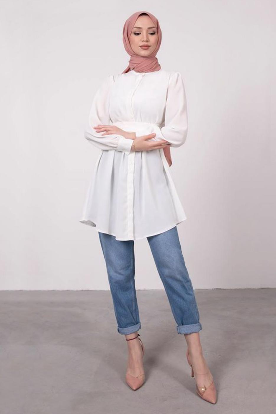 Tesettür giyim KREM HAKİM YAKA BAĞLAMA DETAYLI TUNİK T 1965