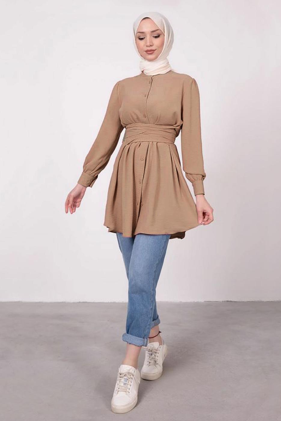 Tesettür giyim VİZON HAKİM YAKA BAĞLAMA DETAYLI TUNİK T 1965