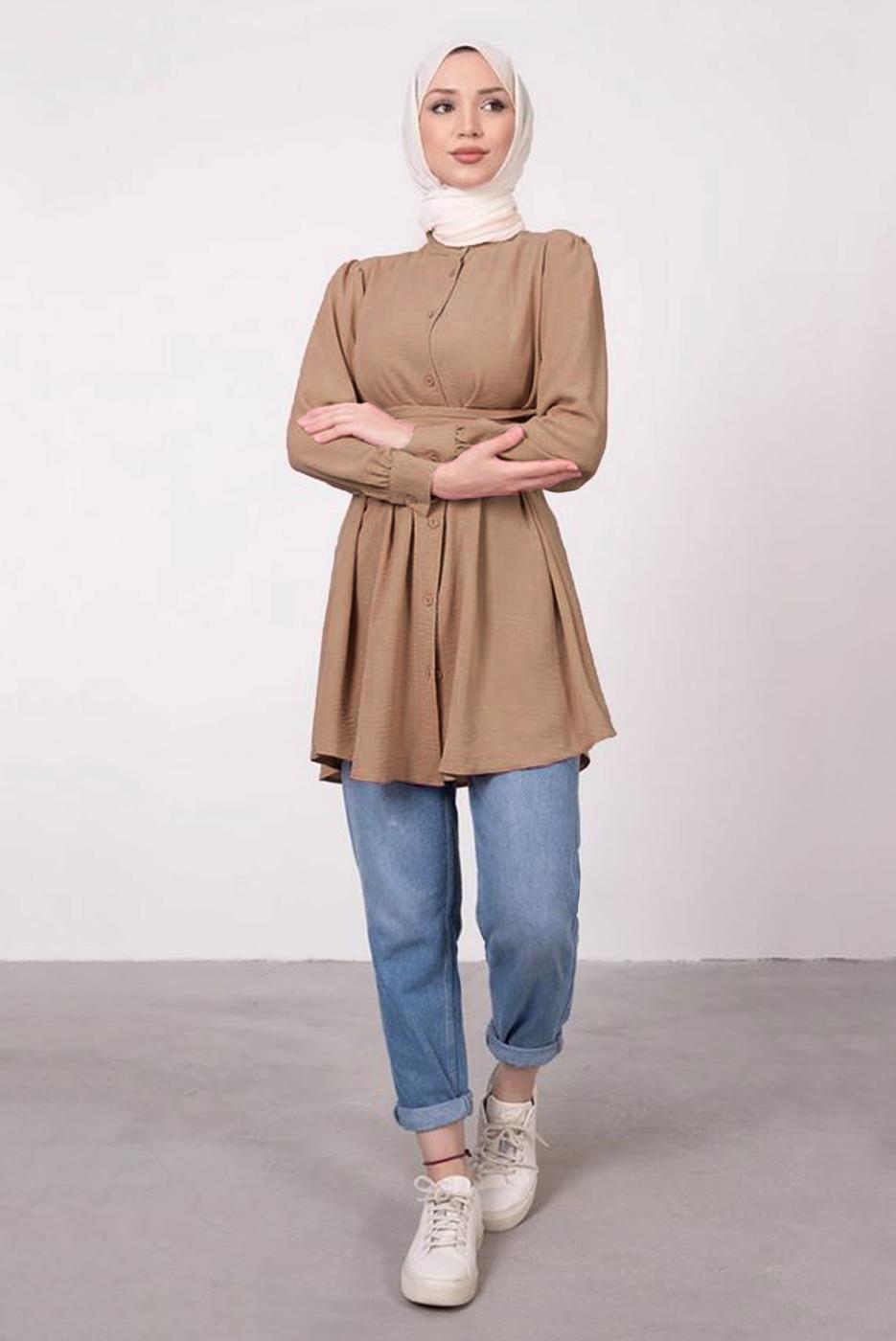 Tesettür giyim VİZON HAKİM YAKA BAĞLAMA DETAYLI TUNİK T 1965
