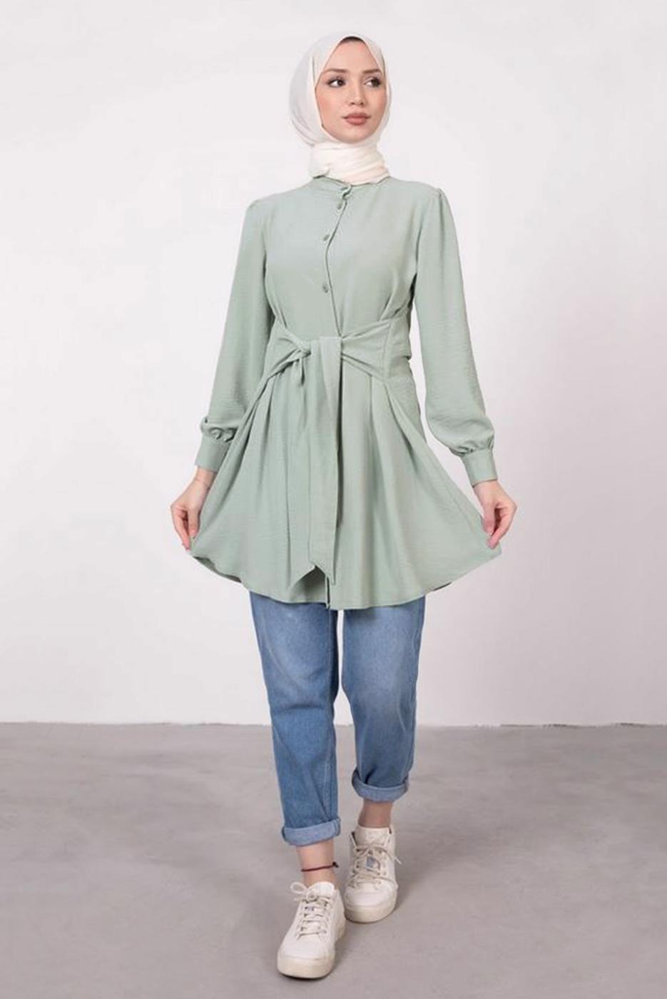 Tesettür giyim YEŞİL HAKİM YAKA BAĞLAMA DETAYLI TUNİK T 1965