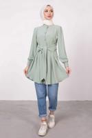 Tesettür giyim YEŞİL HAKİM YAKA BAĞLAMA DETAYLI TUNİK T 1965