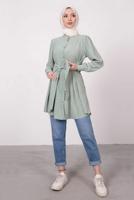 Tesettür giyim YEŞİL HAKİM YAKA BAĞLAMA DETAYLI TUNİK T 1965