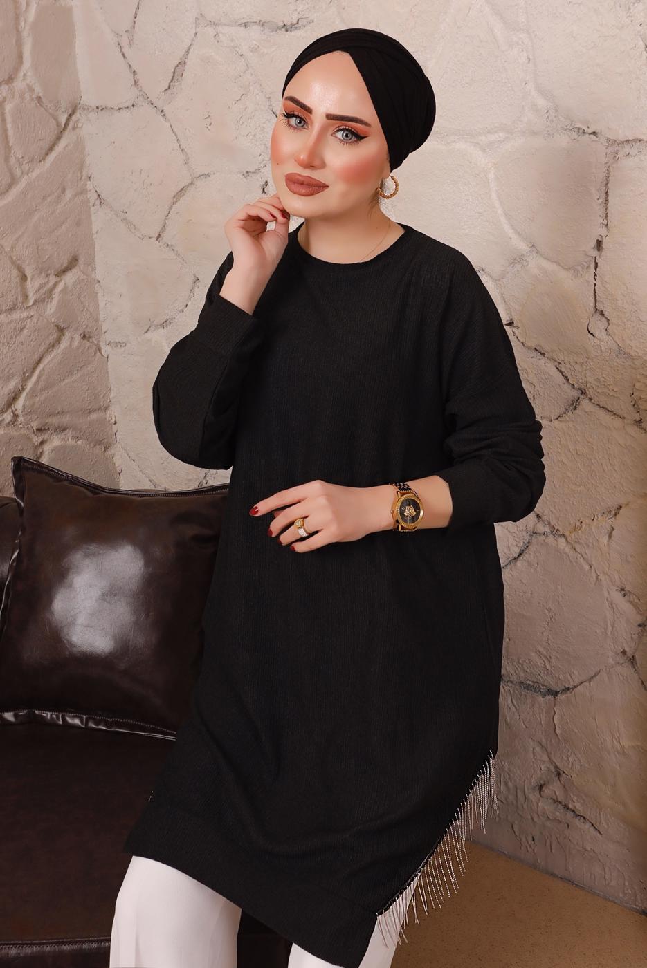 Tesettür giyim SİYAH YANLARI ZİNCİR DETAYLI TUNİK T 1992 