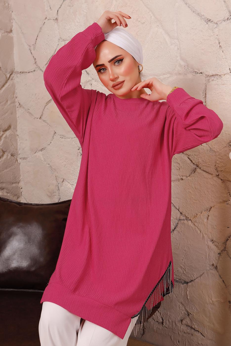 Tesettür giyim FUŞYA YANLARI ZİNCİR DETAYLI TUNİK T 1992 
