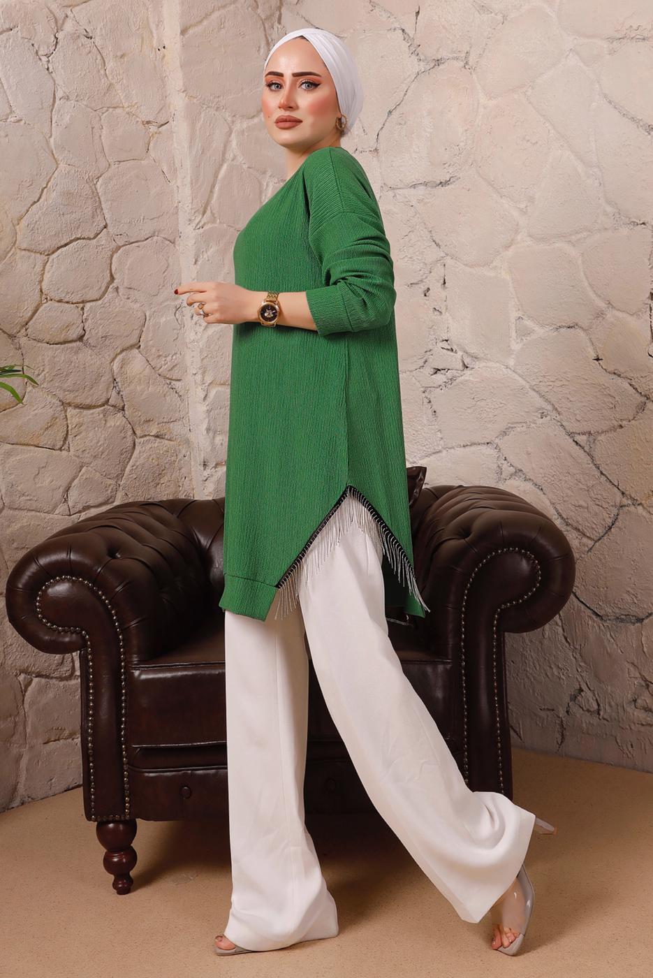 Tesettür giyim YEŞİL YANLARI ZİNCİR DETAYLI TUNİK T 1992 