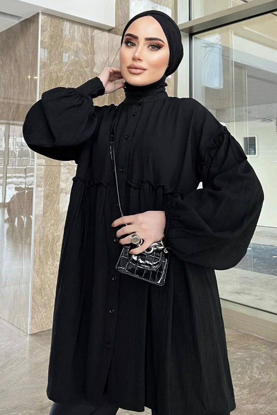 Tesettür giyim SİYAH BALON KOL MÜSLİN GÖMLEK TUNİK T 20032