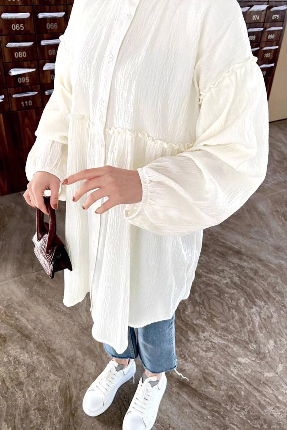 Tesettür giyim KREM BALON KOL MÜSLİN GÖMLEK TUNİK T 20032