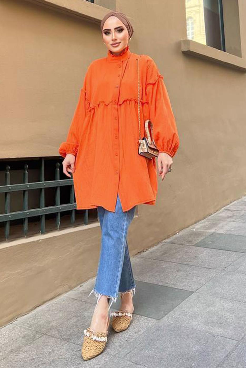 Tesettür giyim TURUNCU BALON KOL MÜSLİN GÖMLEK TUNİK T 20032