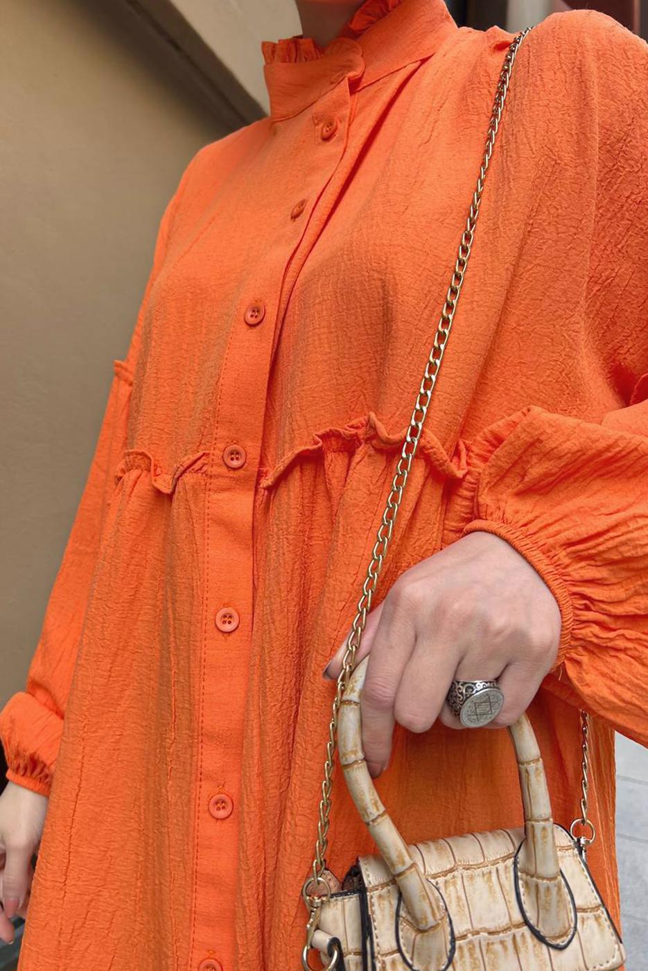 Tesettür giyim TURUNCU BALON KOL MÜSLİN GÖMLEK TUNİK T 20032