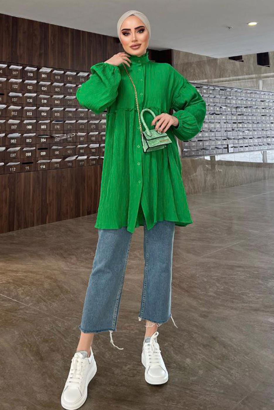 Tesettür giyim YEŞİL BALON KOL MÜSLİN GÖMLEK TUNİK T 20032