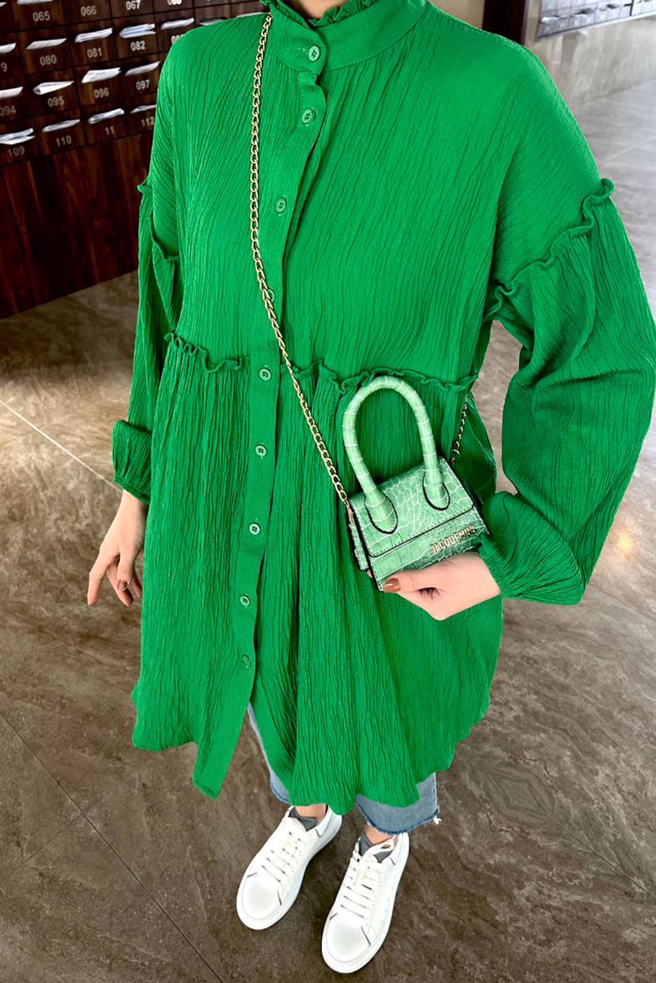 Tesettür giyim YEŞİL BALON KOL MÜSLİN GÖMLEK TUNİK T 20032