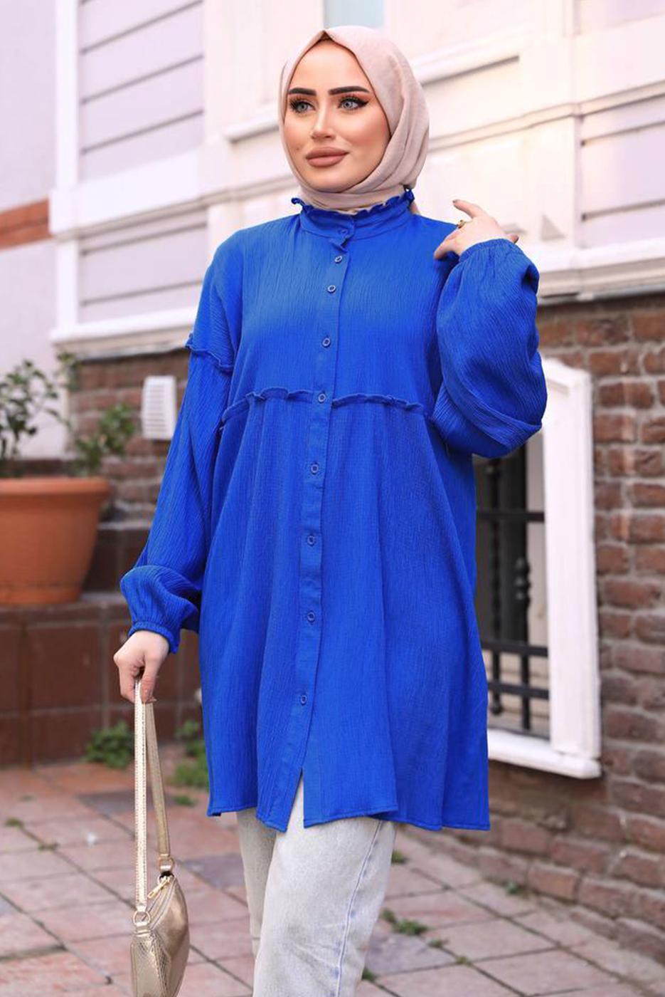 Tesettür giyim LACİVERT BALON KOL MÜSLİN GÖMLEK TUNİK T 20032