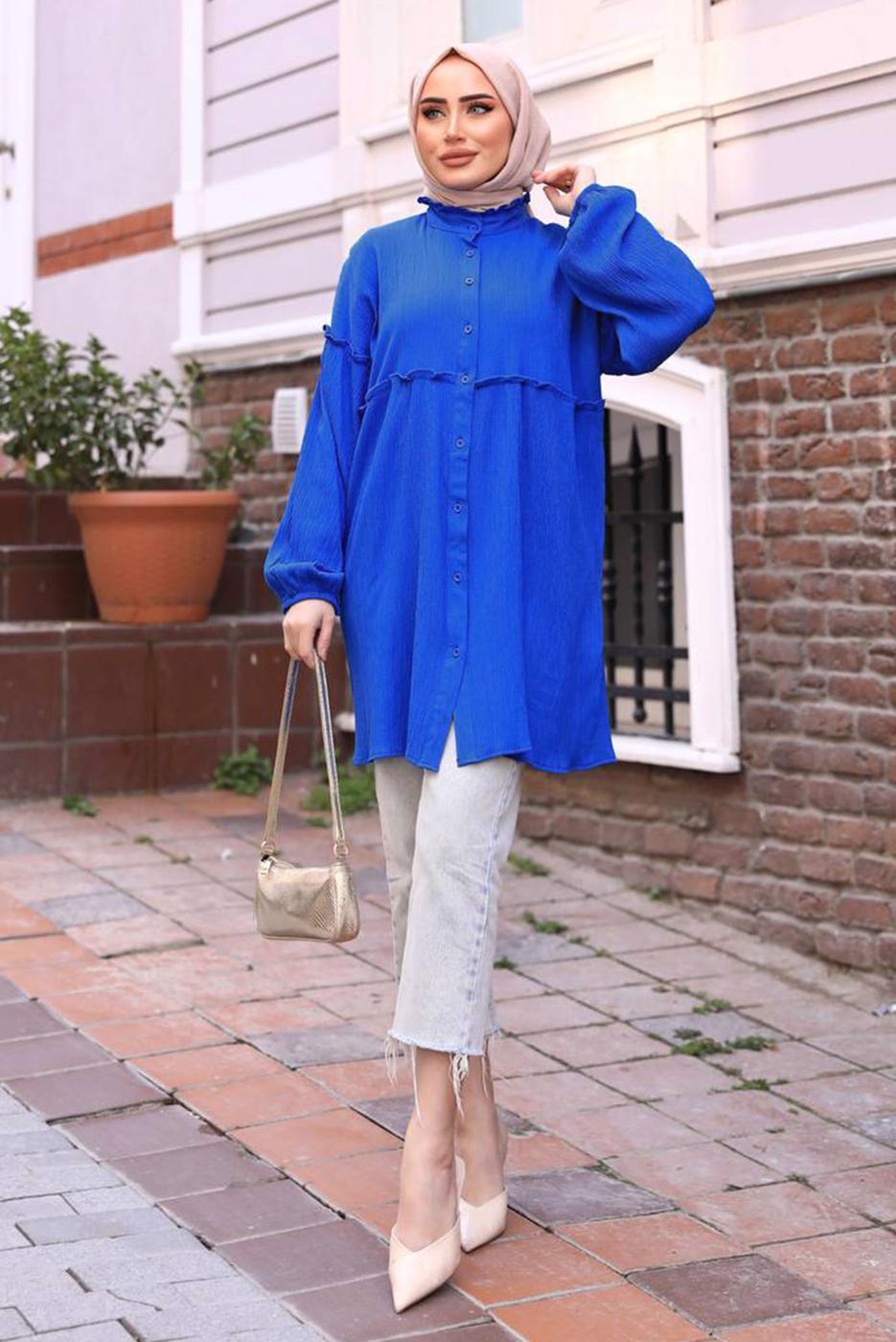 Tesettür giyim LACİVERT BALON KOL MÜSLİN GÖMLEK TUNİK T 20032