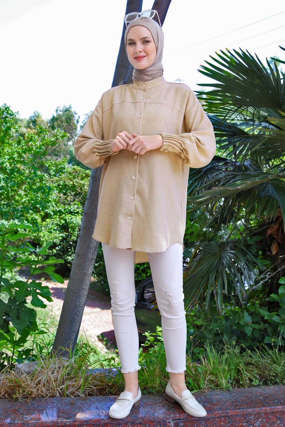 Vêtements hijab BEIGE TUNIQUE CHEMISE POIGNETS ELASTIQUE T 20087