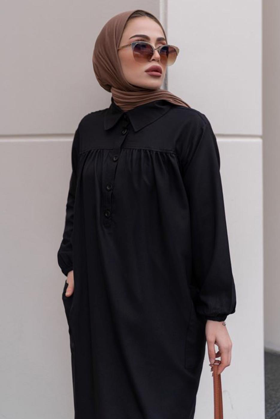 Tesettür giyim SİYAH YIRTMAÇ DETAYLI CEPLİ UZUN TUNİK T 2228
