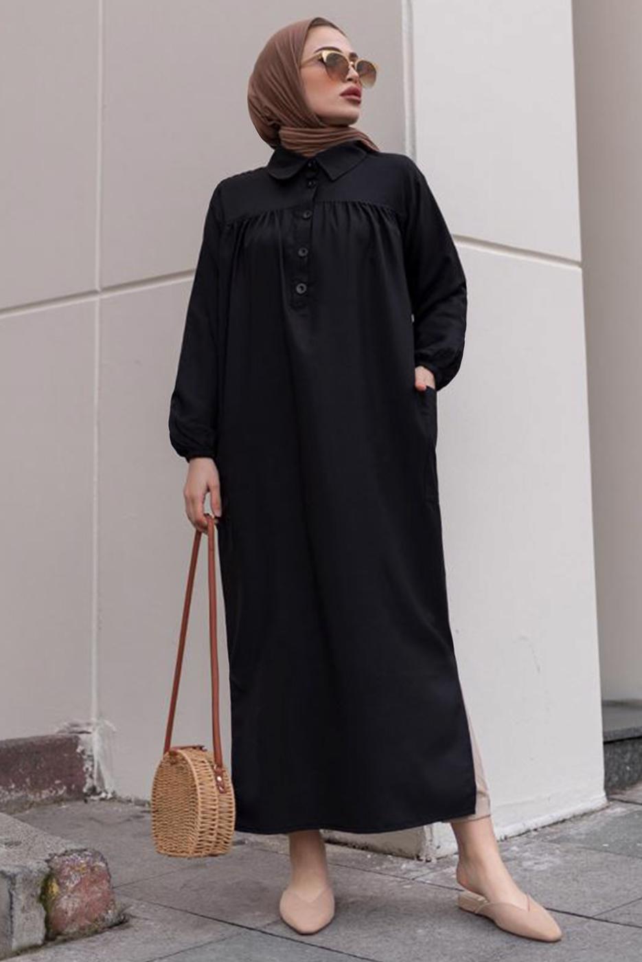 Tesettür giyim SİYAH YIRTMAÇ DETAYLI CEPLİ UZUN TUNİK T 2228
