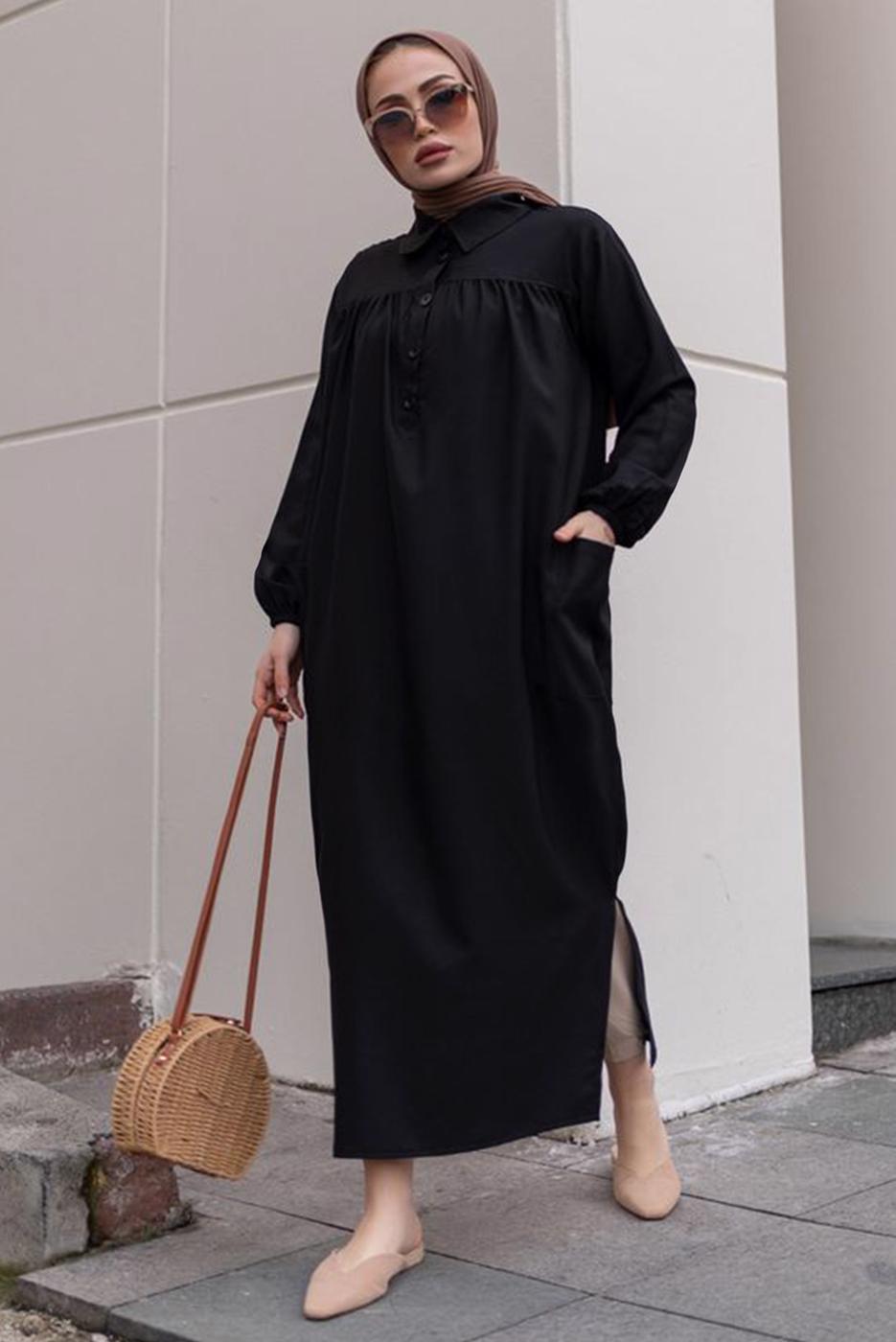 Tesettür giyim SİYAH YIRTMAÇ DETAYLI CEPLİ UZUN TUNİK T 2228