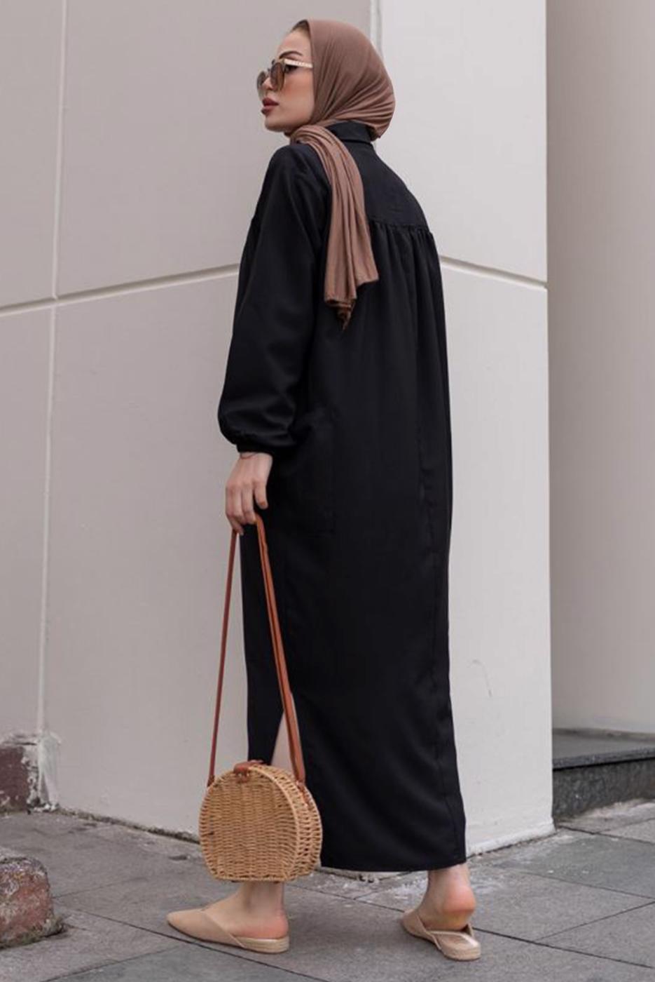 Tesettür giyim SİYAH YIRTMAÇ DETAYLI CEPLİ UZUN TUNİK T 2228