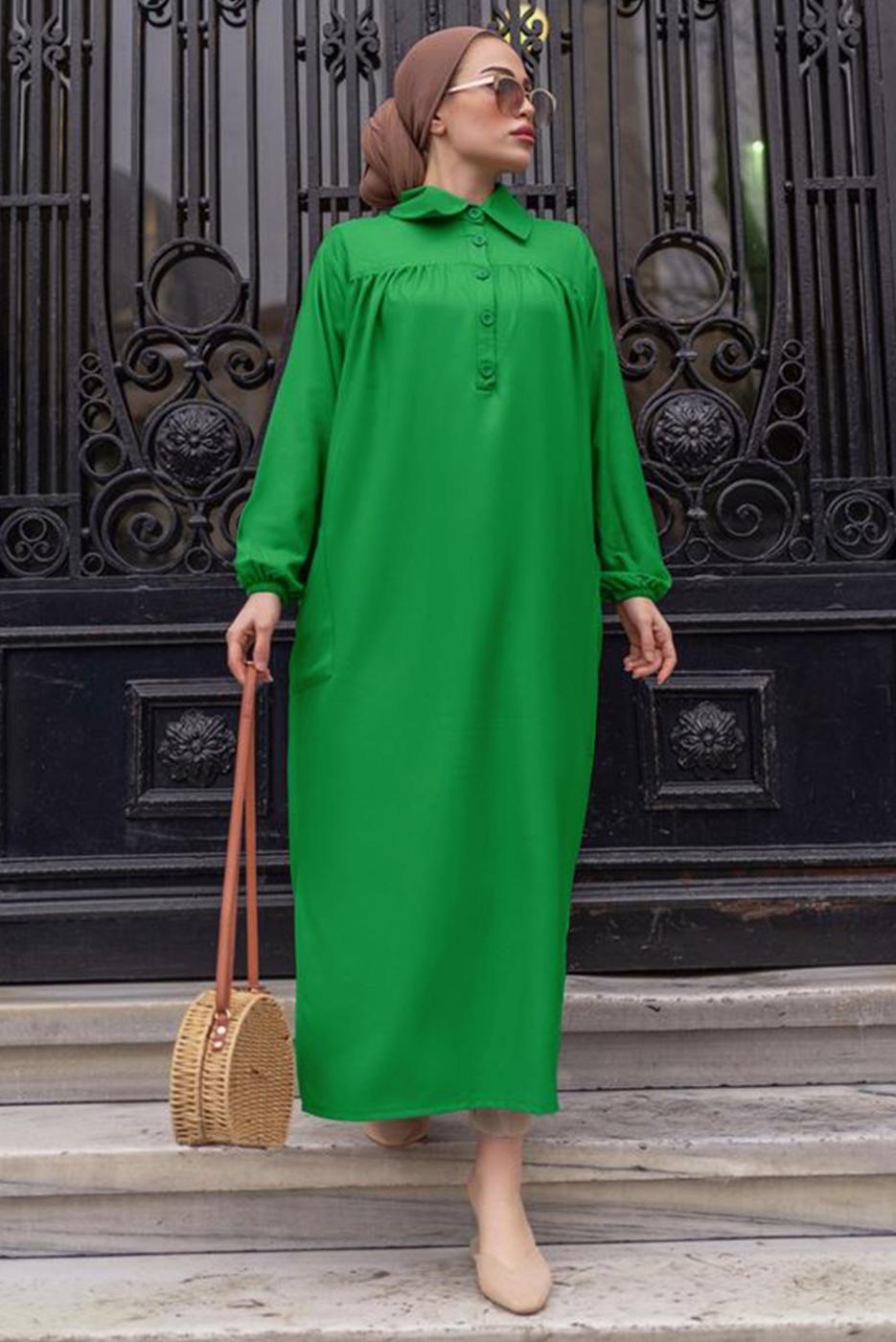 Tesettür giyim YEŞİL YIRTMAÇ DETAYLI CEPLİ UZUN TUNİK T 2228