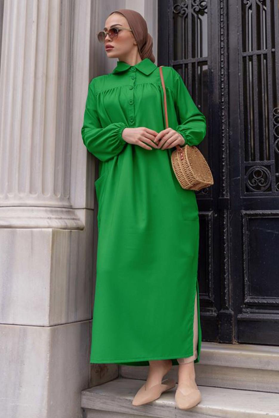 Tesettür giyim YEŞİL YIRTMAÇ DETAYLI CEPLİ UZUN TUNİK T 2228