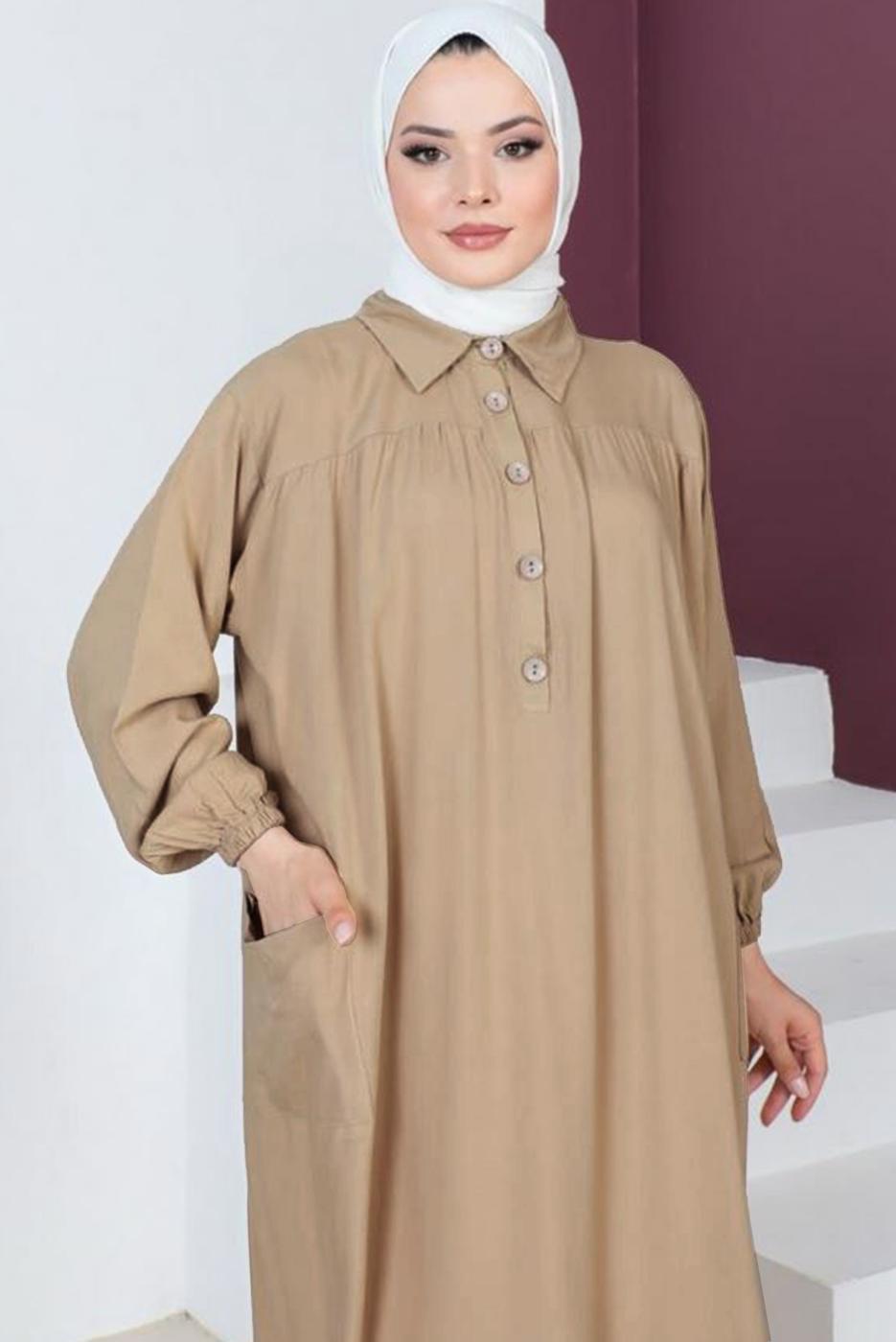 Tesettür giyim BEJ YIRTMAÇ DETAYLI CEPLİ UZUN TUNİK T 2228