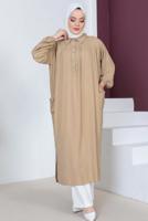 Tesettür giyim BEJ YIRTMAÇ DETAYLI CEPLİ UZUN TUNİK T 2228
