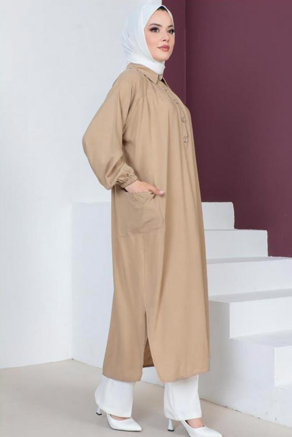 Tesettür giyim BEJ YIRTMAÇ DETAYLI CEPLİ UZUN TUNİK T 2228