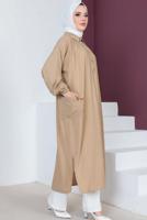Tesettür giyim BEJ YIRTMAÇ DETAYLI CEPLİ UZUN TUNİK T 2228