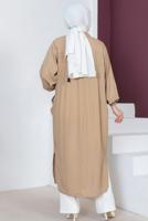 Tesettür giyim BEJ YIRTMAÇ DETAYLI CEPLİ UZUN TUNİK T 2228