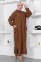 Tesettür giyim KAHVE YIRTMAÇ DETAYLI CEPLİ UZUN TUNİK T 2228
