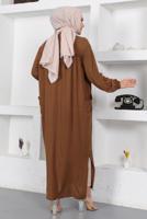 Tesettür giyim KAHVE YIRTMAÇ DETAYLI CEPLİ UZUN TUNİK T 2228