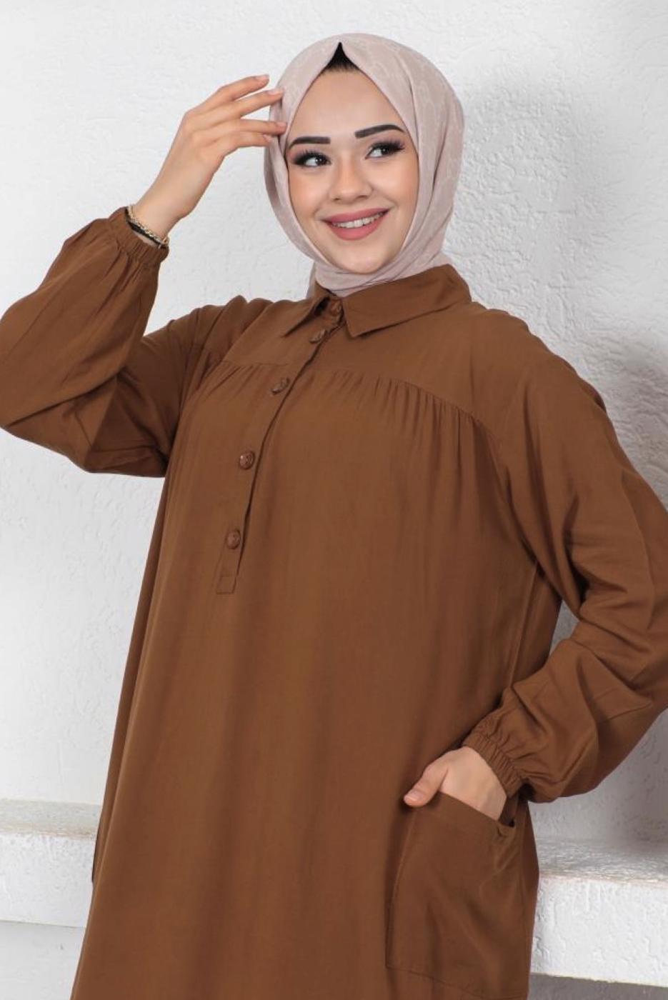 Tesettür giyim KAHVE YIRTMAÇ DETAYLI CEPLİ UZUN TUNİK T 2228