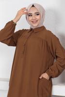 Tesettür giyim KAHVE YIRTMAÇ DETAYLI CEPLİ UZUN TUNİK T 2228