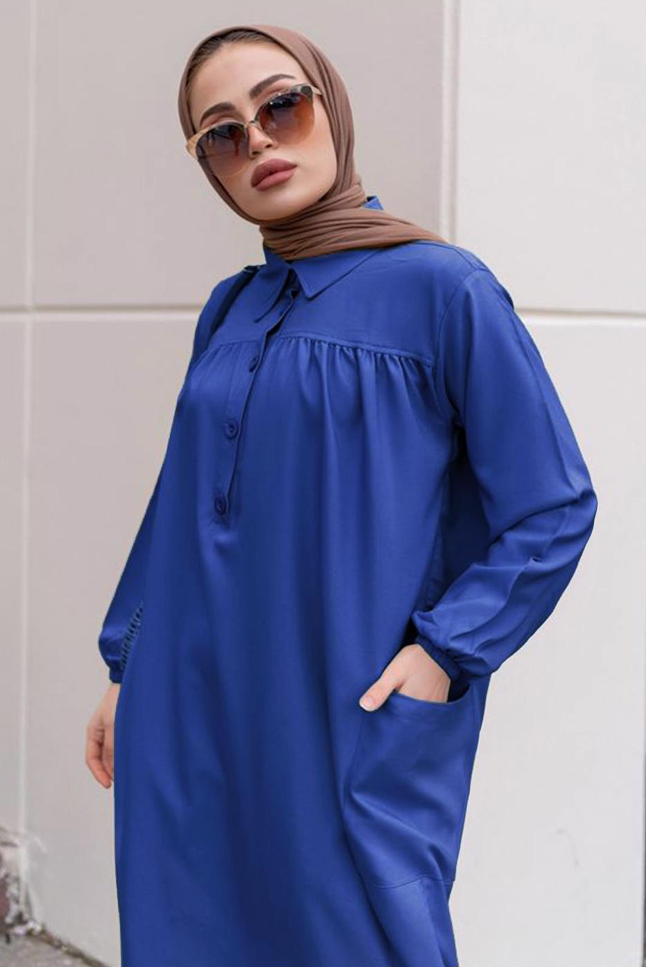 Tesettür giyim LACİVERT YIRTMAÇ DETAYLI CEPLİ UZUN TUNİK T 2228