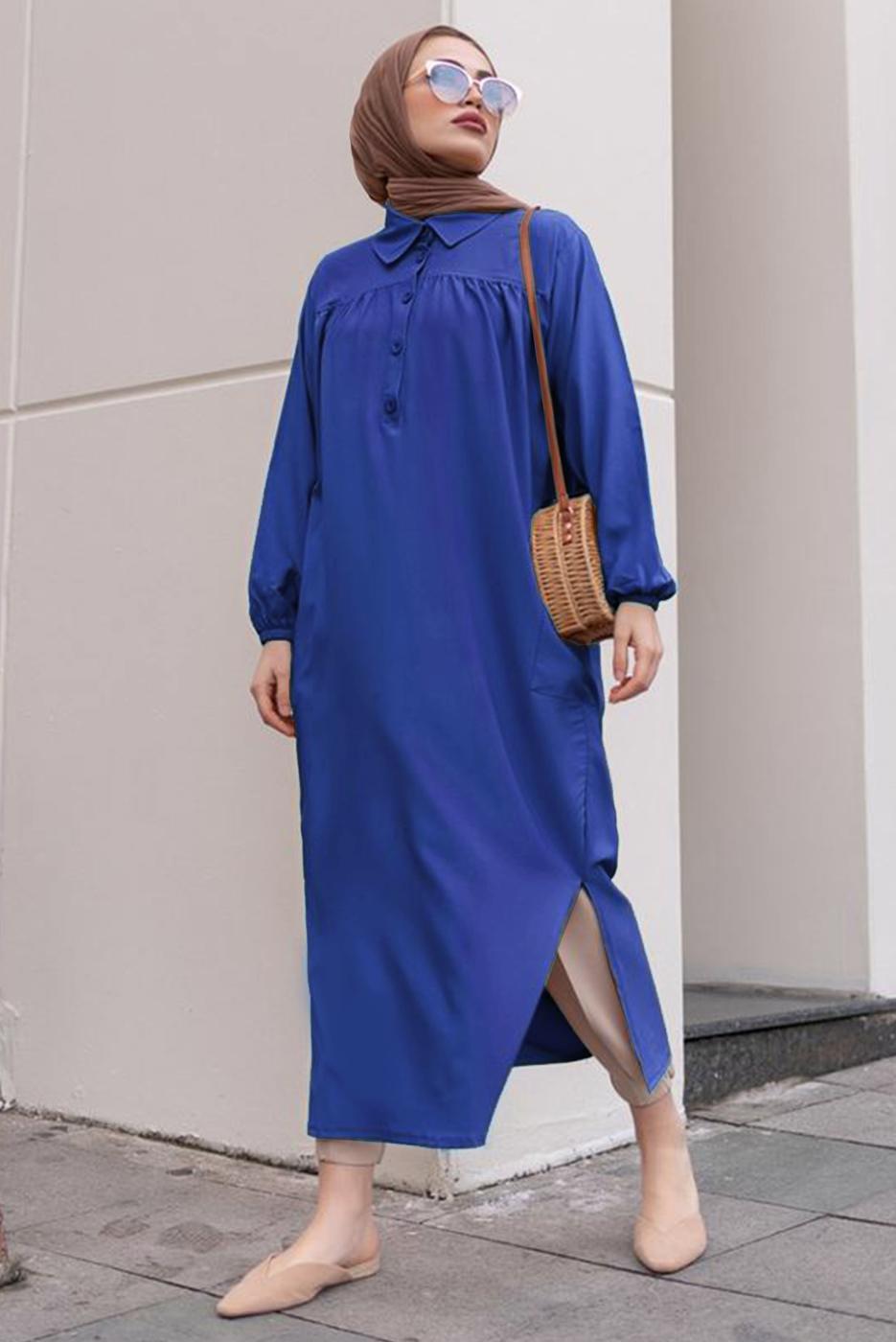 Tesettür giyim LACİVERT YIRTMAÇ DETAYLI CEPLİ UZUN TUNİK T 2228