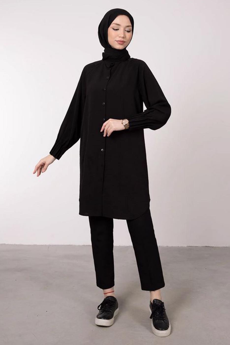 Tesettür giyim SİYAH MANŞETLERİ LASTİKLİ GÖMLEK TUNİK T 2685 