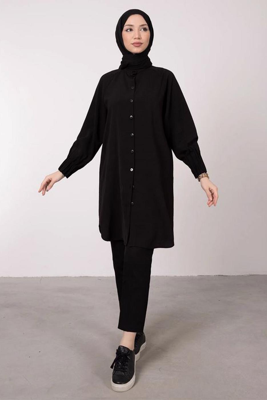 Tesettür giyim SİYAH MANŞETLERİ LASTİKLİ GÖMLEK TUNİK T 2685 