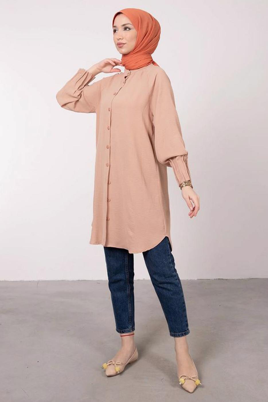 Tesettür giyim BEJ MANŞETLERİ LASTİKLİ GÖMLEK TUNİK T 2685 
