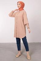 Tesettür giyim BEJ MANŞETLERİ LASTİKLİ GÖMLEK TUNİK T 2685 