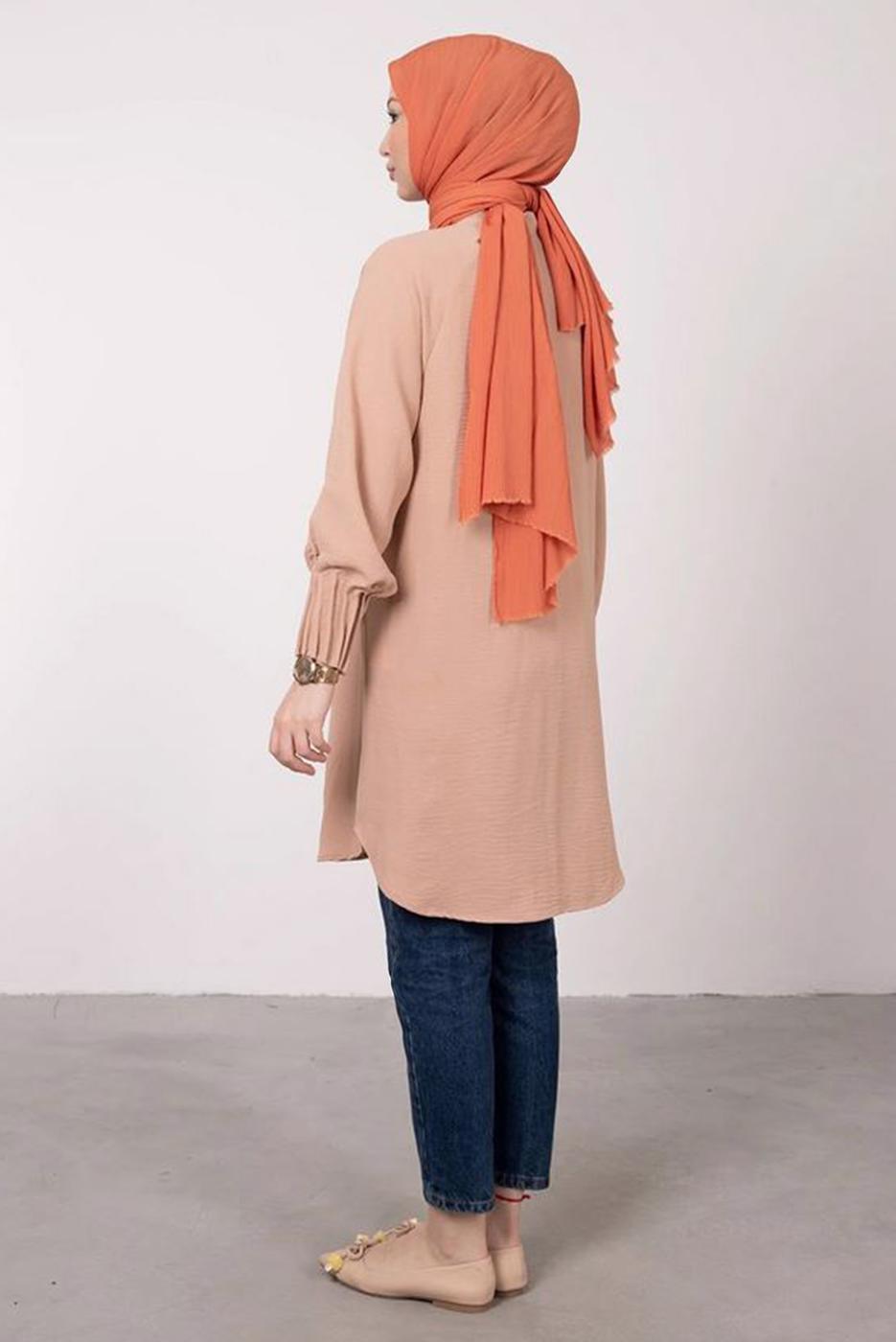 Tesettür giyim BEJ MANŞETLERİ LASTİKLİ GÖMLEK TUNİK T 2685 