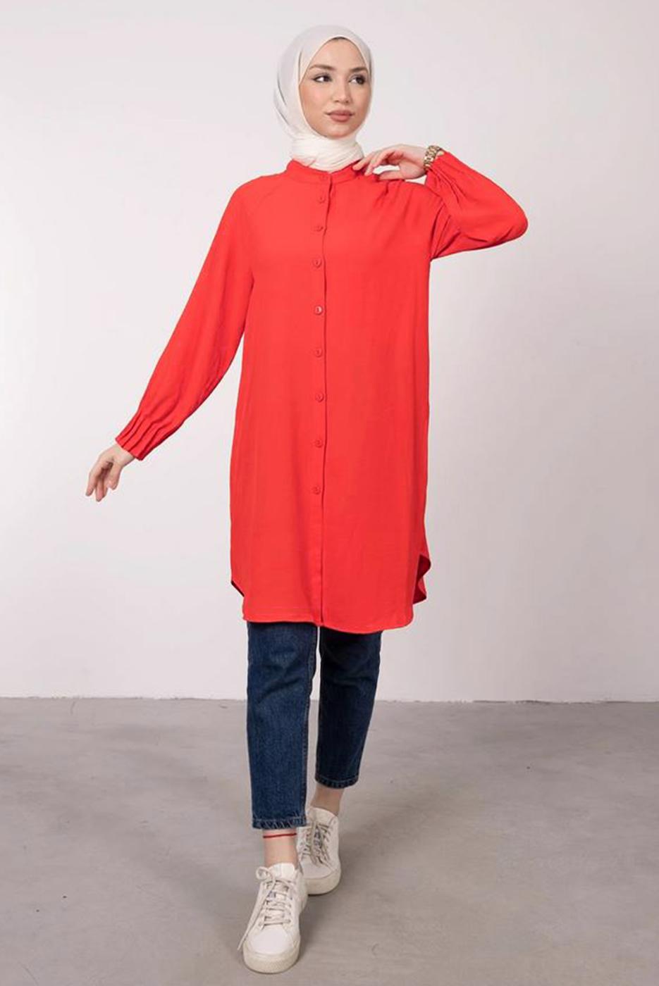 Tesettür giyim TURUNCU MANŞETLERİ LASTİKLİ GÖMLEK TUNİK T 2685 