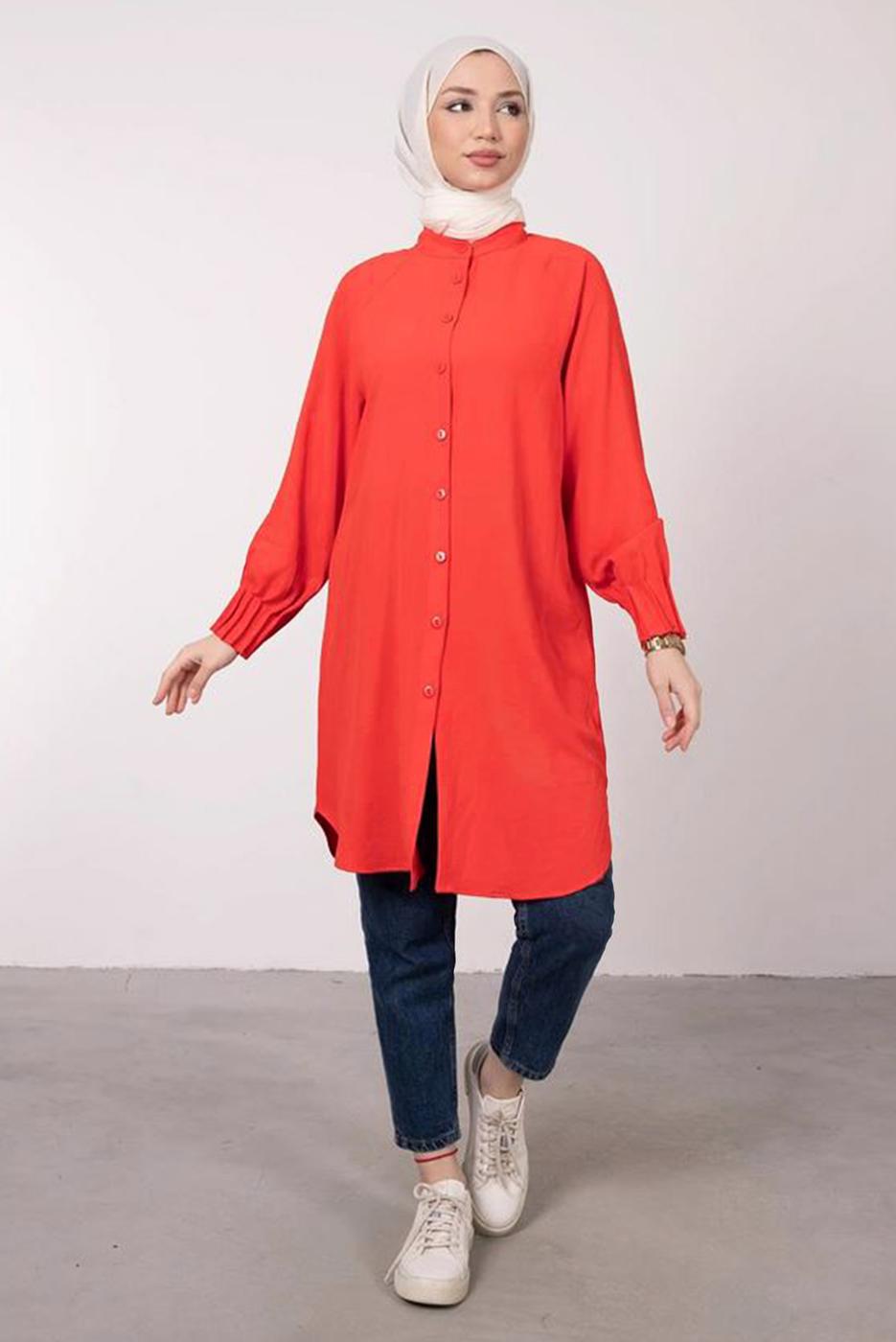 Tesettür giyim TURUNCU MANŞETLERİ LASTİKLİ GÖMLEK TUNİK T 2685 