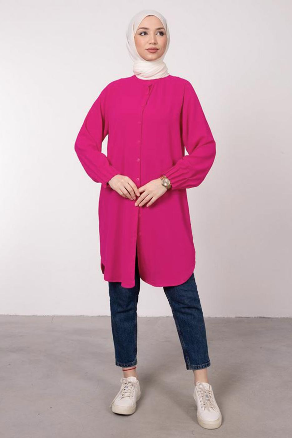 Tesettür giyim FUŞYA MANŞETLERİ LASTİKLİ GÖMLEK TUNİK T 2685 