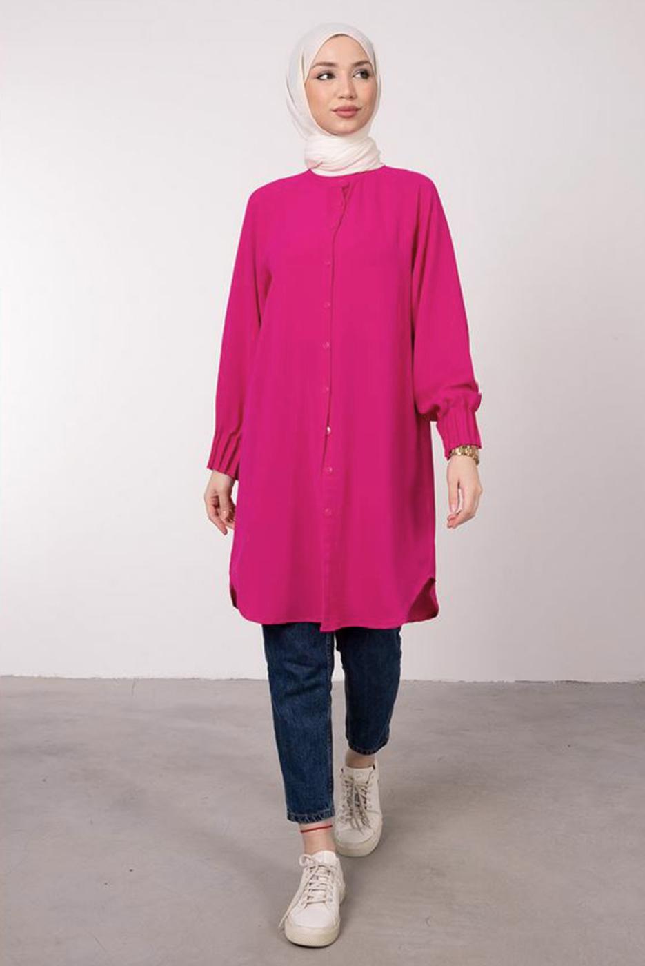 Tesettür giyim FUŞYA MANŞETLERİ LASTİKLİ GÖMLEK TUNİK T 2685 