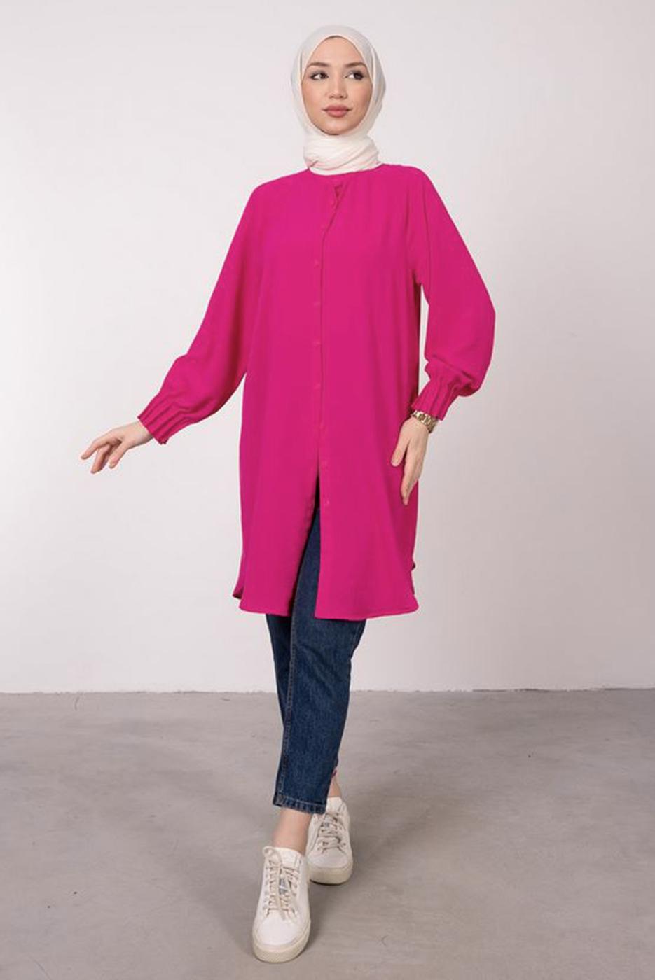 Tesettür giyim FUŞYA MANŞETLERİ LASTİKLİ GÖMLEK TUNİK T 2685 