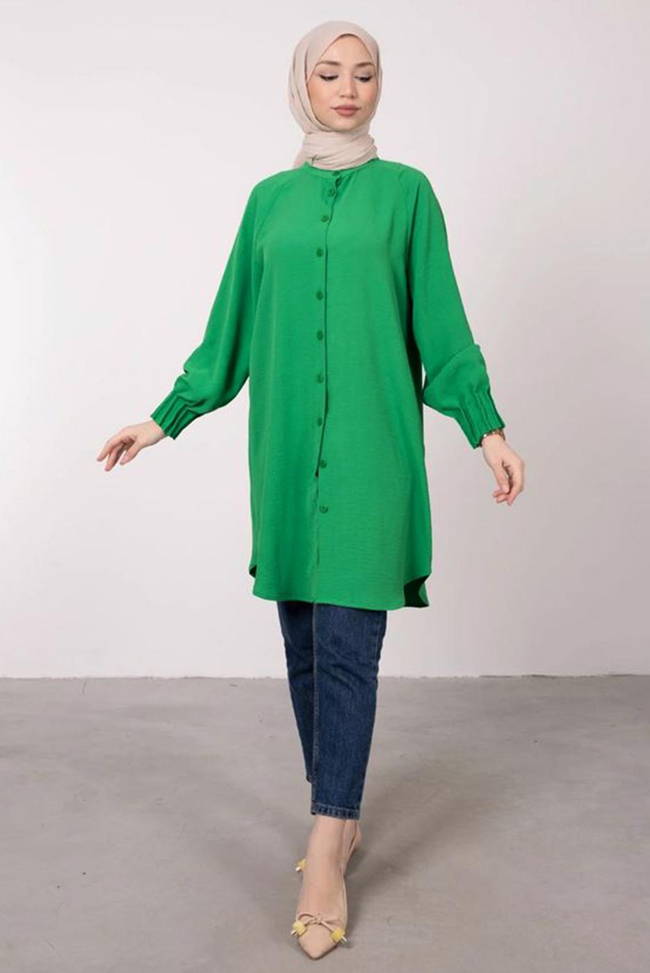 Tesettür giyim YEŞİL MANŞETLERİ LASTİKLİ GÖMLEK TUNİK T 2685 