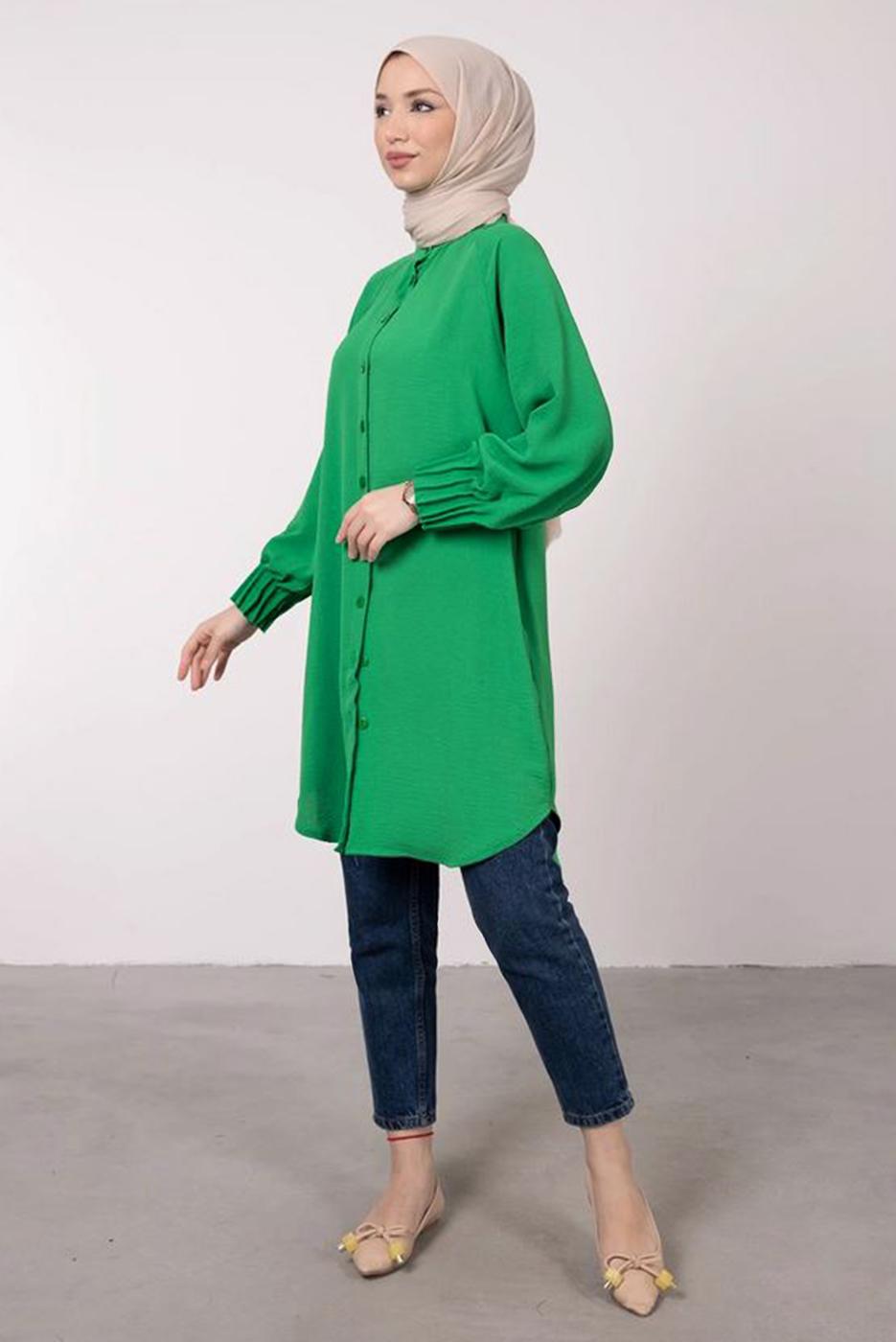 Tesettür giyim YEŞİL MANŞETLERİ LASTİKLİ GÖMLEK TUNİK T 2685 