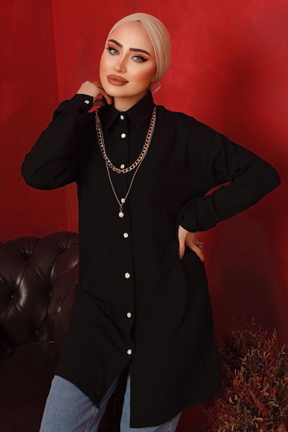 Tesettür giyim SİYAH ZİNCİR DETAYLI DÜĞMELİ TUNİK T 2792