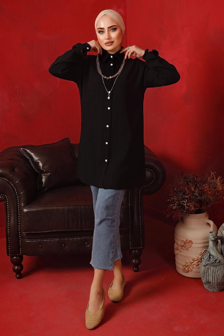 Tesettür giyim SİYAH ZİNCİR DETAYLI DÜĞMELİ TUNİK T 2792