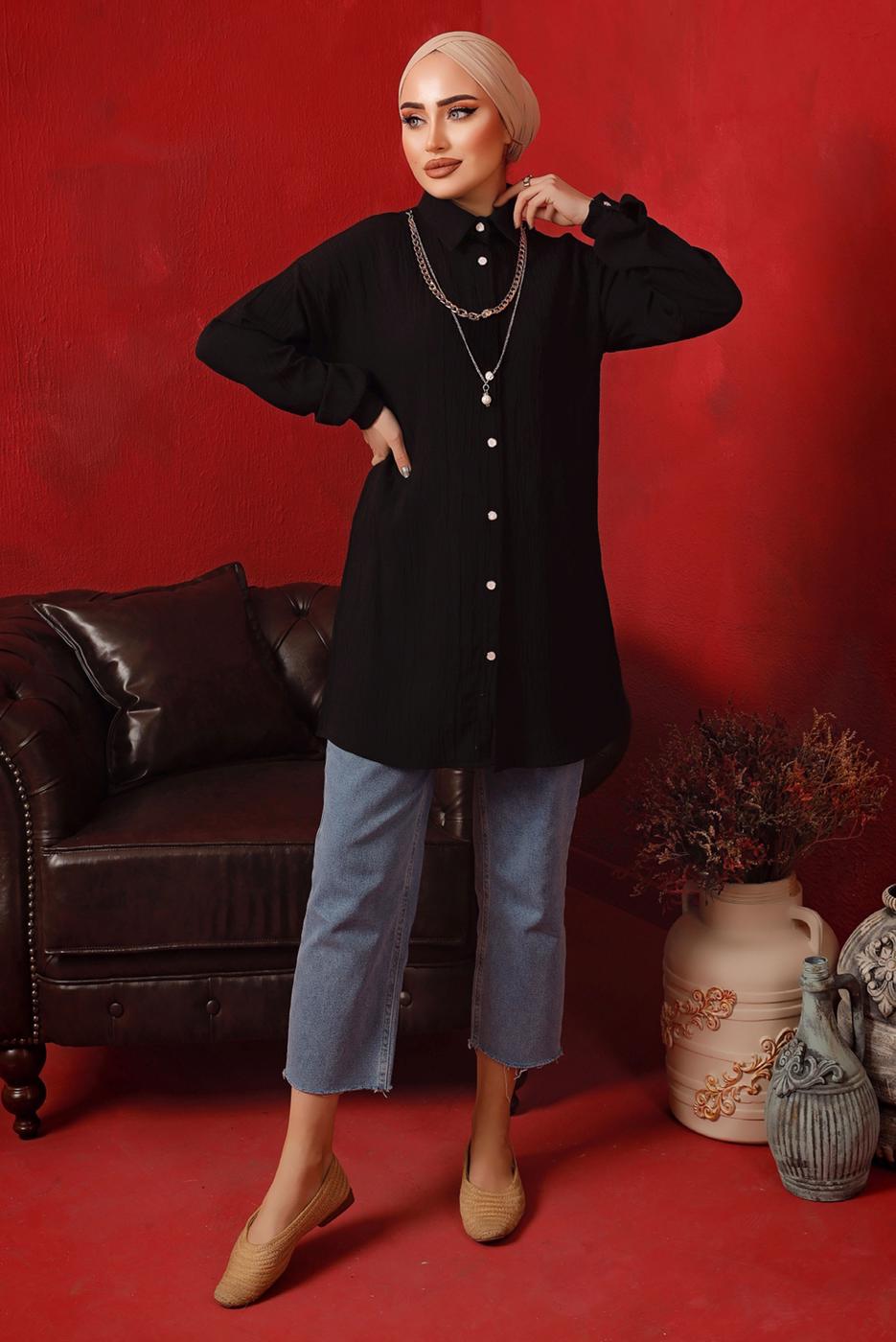 Tesettür giyim SİYAH ZİNCİR DETAYLI DÜĞMELİ TUNİK T 2792